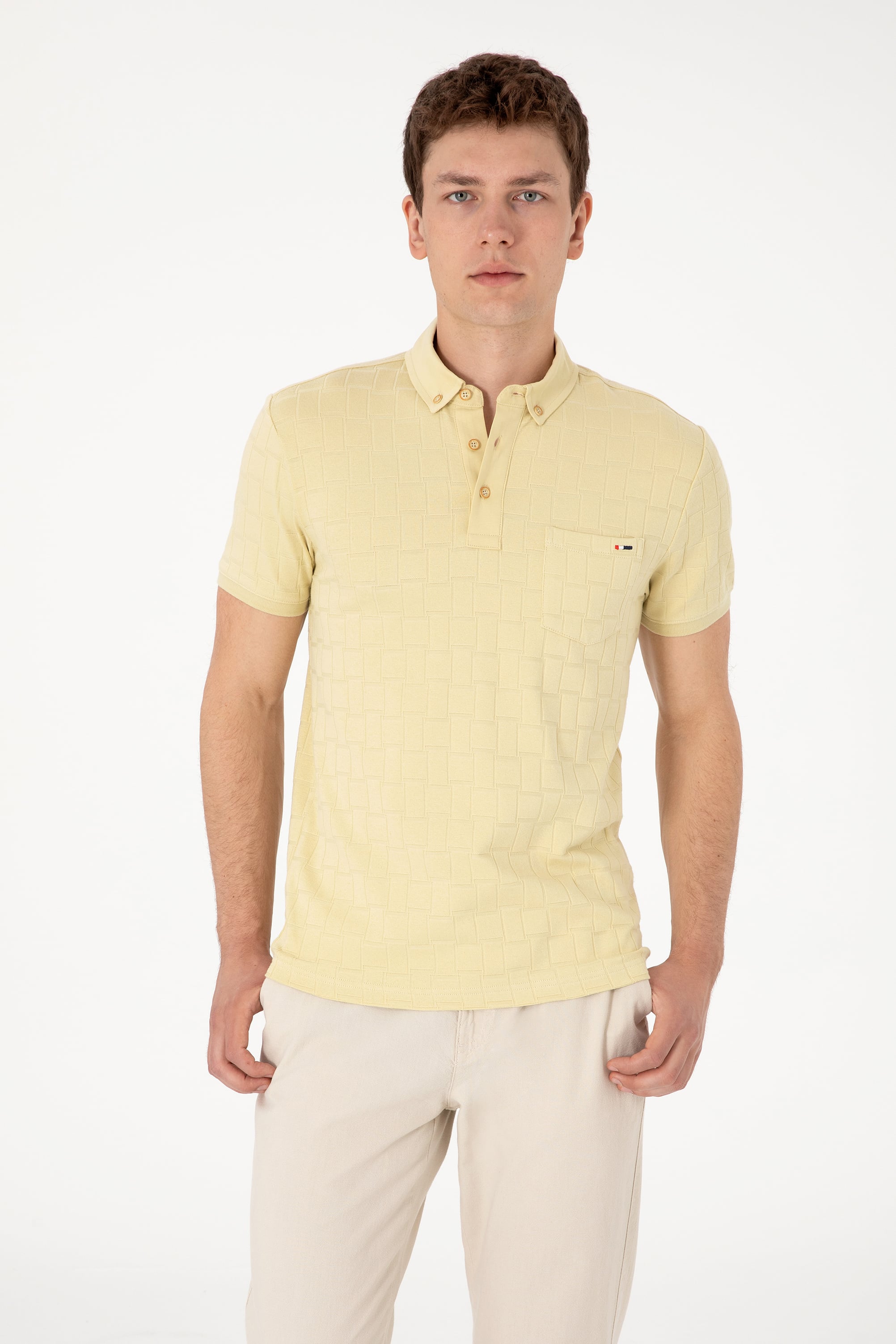 Erkek Slim Fit Polo Yaka Cepli Açık Haki Dokulu Tişört