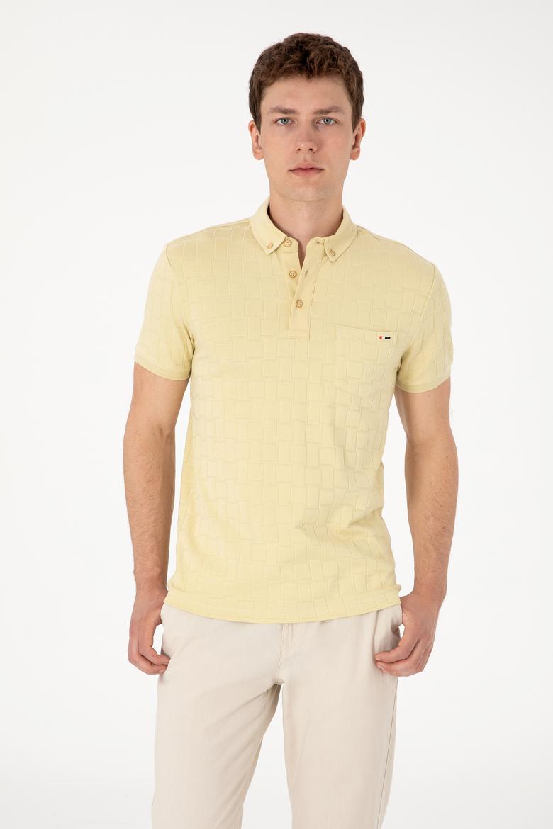Erkek Slim Fit Polo Yaka Cepli Açık Haki Dokulu Tişört