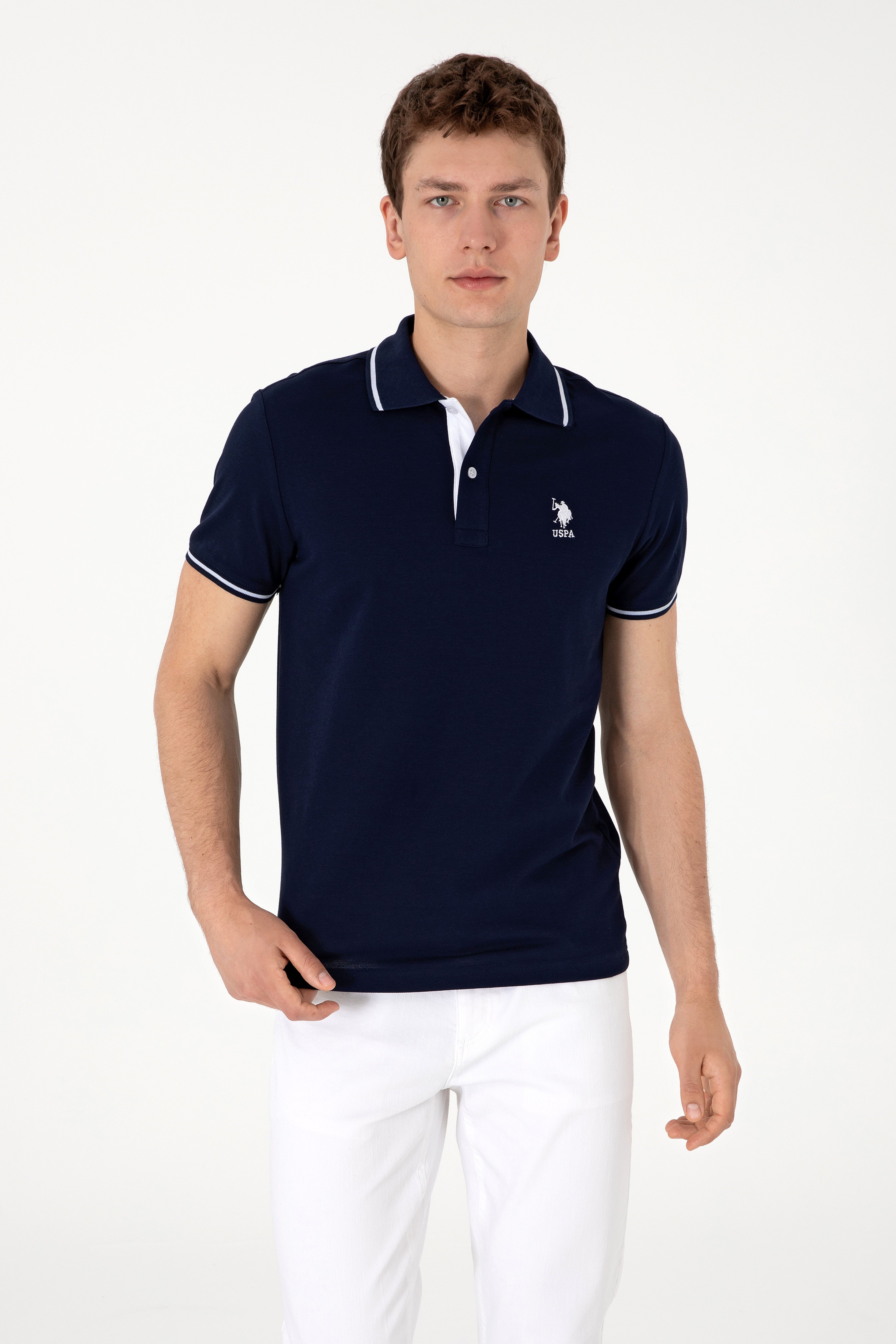 Erkek Slim Fit Polo Yaka Lacivert Basic Tişört - Image 1