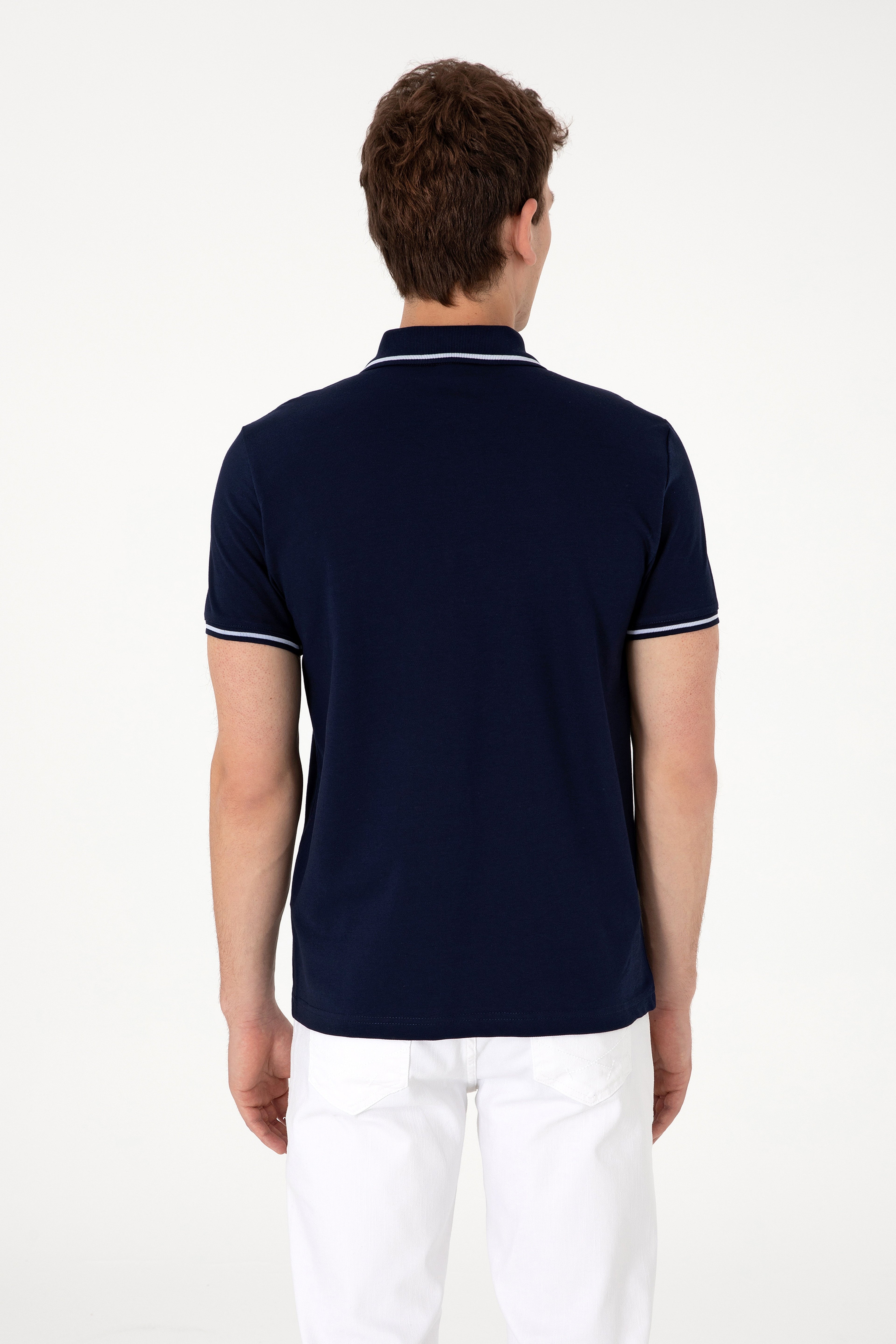 Erkek Slim Fit Polo Yaka Lacivert Basic Tişört - Image 5