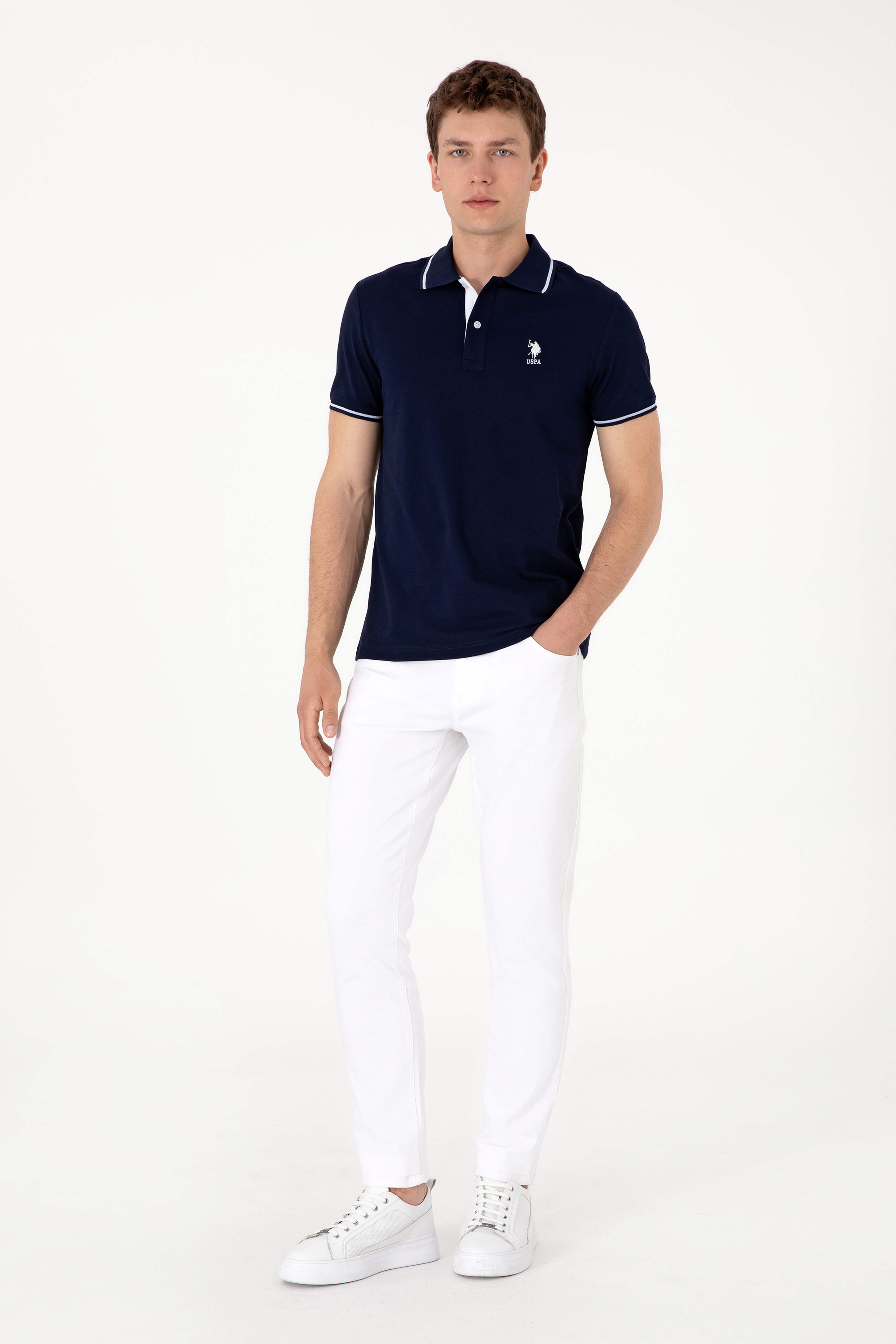 Erkek Slim Fit Polo Yaka Lacivert Basic Tişört - Image 4