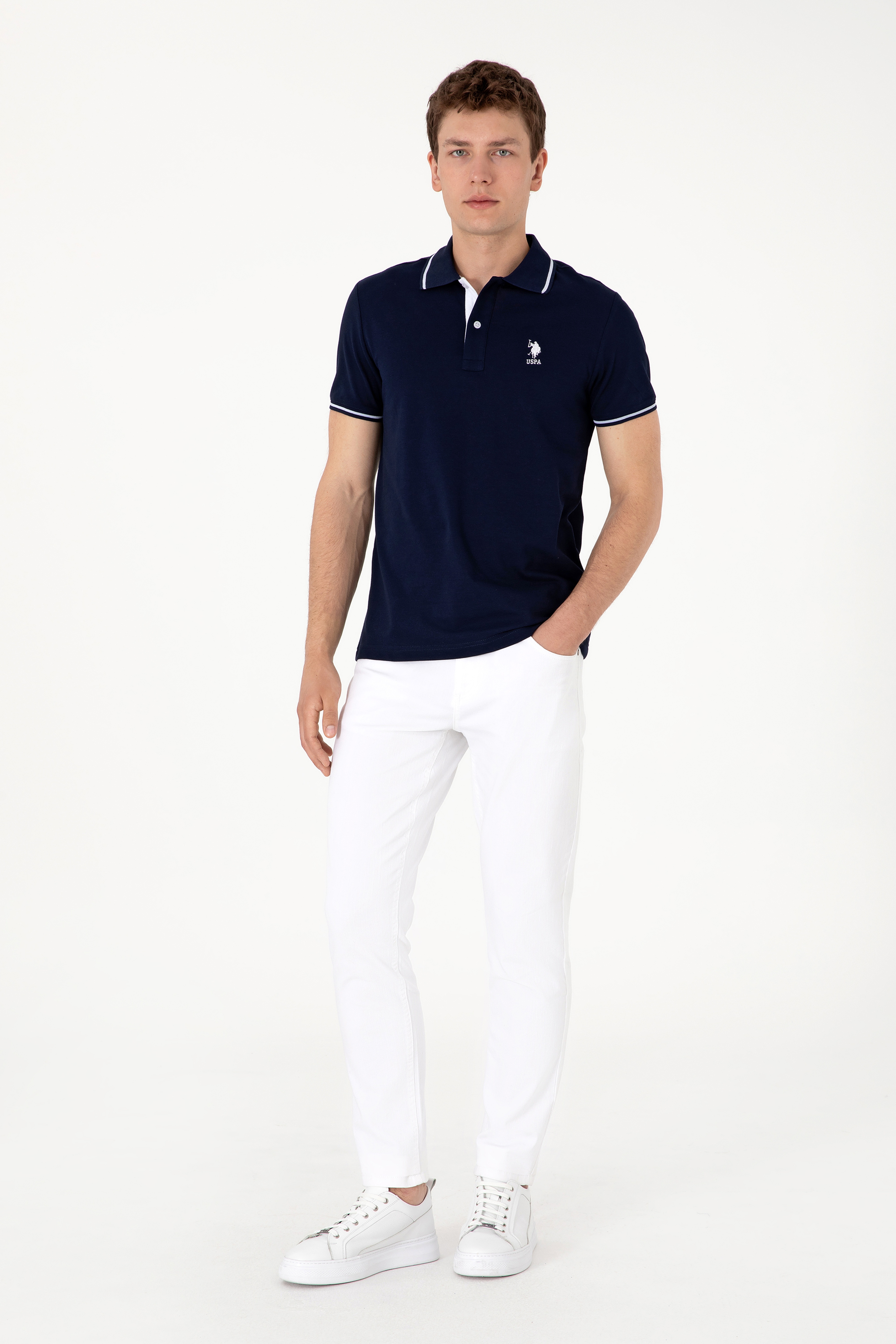 Erkek Slim Fit Polo Yaka Lacivert Basic Tişört
