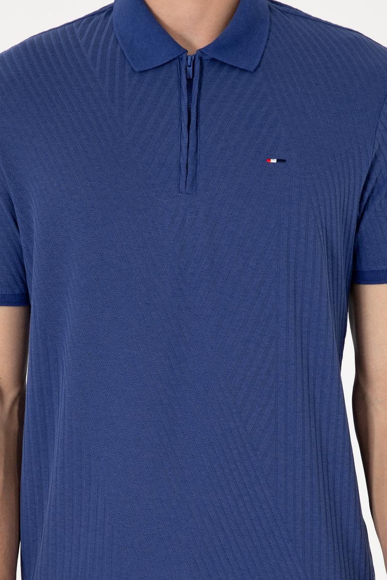 Erkek Regular Fit Fermuarlı Açık Lacivert Dokulu Tişört - 50299583037