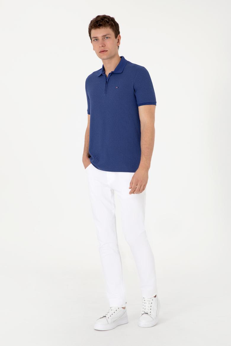 Erkek Regular Fit Fermuarlı Açık Lacivert Dokulu Tişört - 50299583037