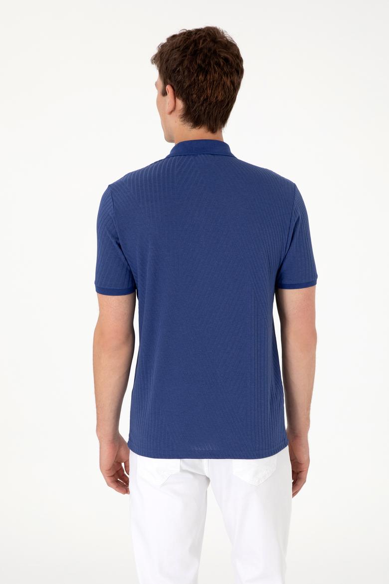 Erkek Regular Fit Fermuarlı Açık Lacivert Dokulu Tişört - 50299583037