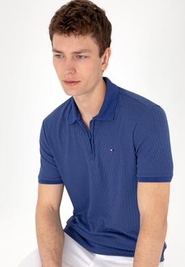 Erkek Regular Fit Fermuarlı Açık Lacivert Dokulu Tişört - 50299583037