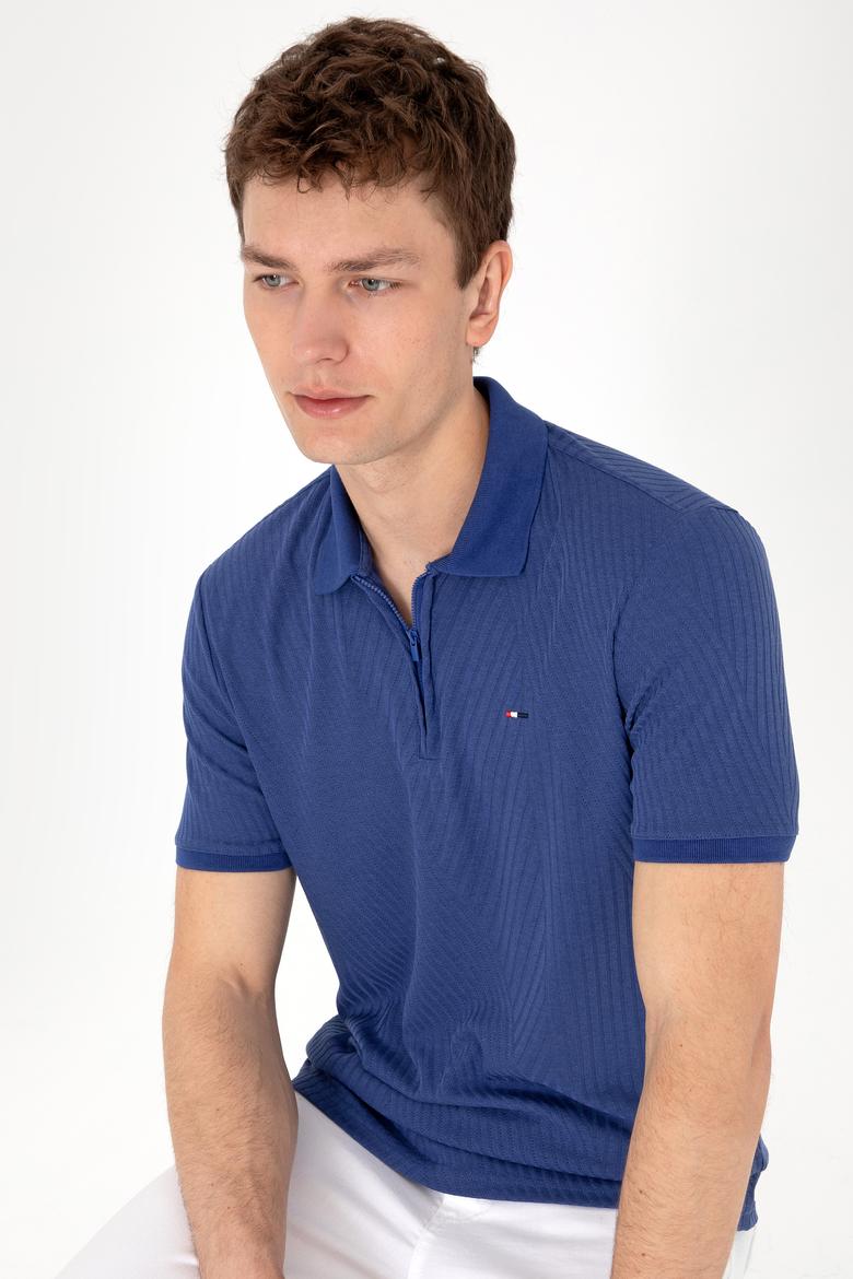 Erkek Regular Fit Fermuarlı Açık Lacivert Dokulu Tişört - 50299583037