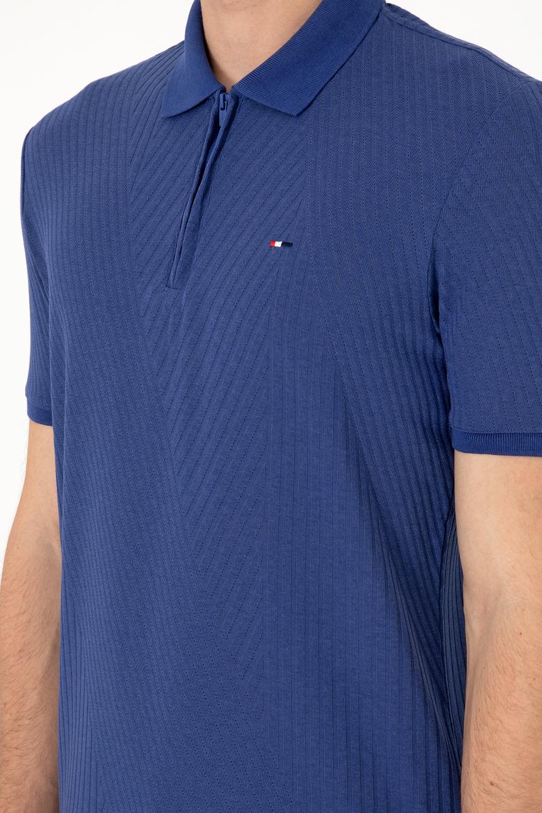 Erkek Regular Fit Fermuarlı Açık Lacivert Dokulu Tişört - 50299583037