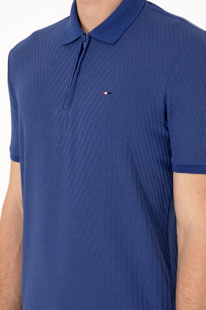 Erkek Regular Fit Fermuarlı Açık Lacivert Dokulu Tişört