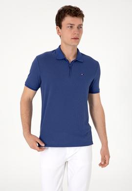 Erkek Regular Fit Fermuarlı Açık Lacivert Dokulu Tişört - 50299583037