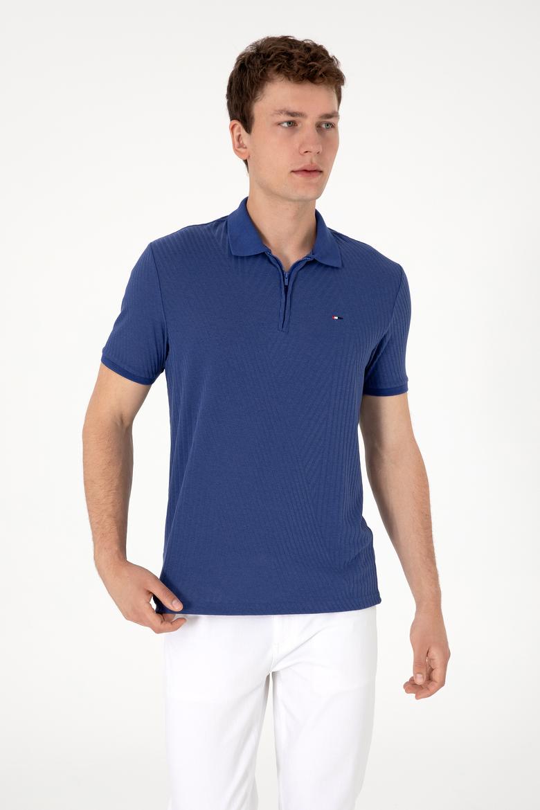 Erkek Regular Fit Fermuarlı Açık Lacivert Dokulu Tişört - 50299583037