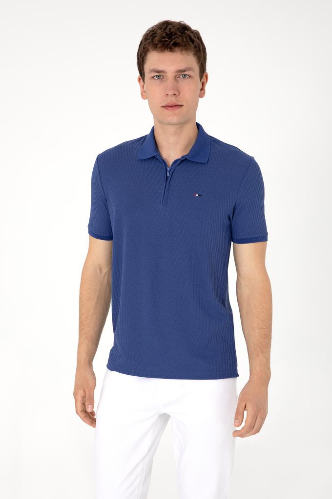 Erkek Regular Fit Fermuarlı Açık Lacivert Dokulu Tişört