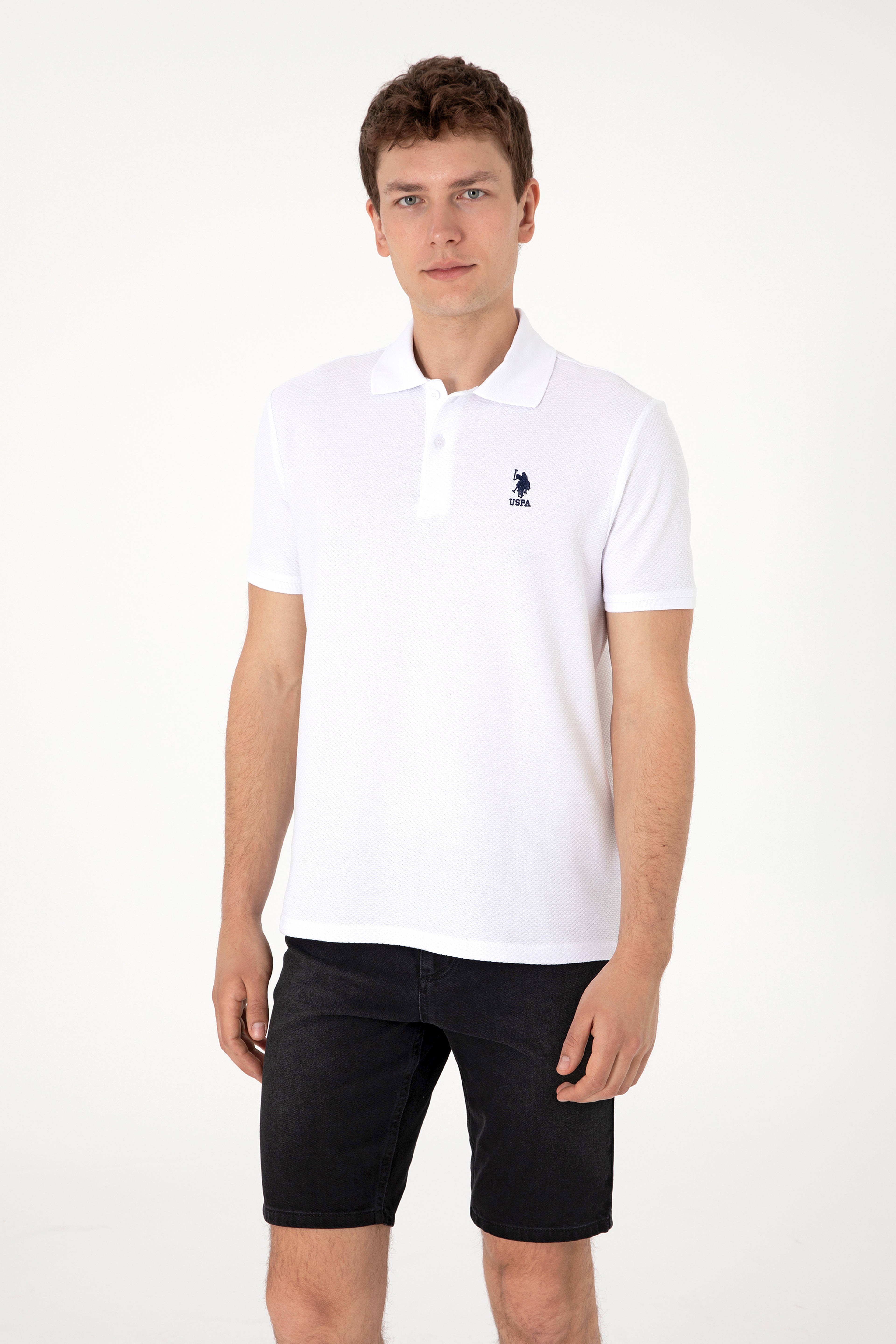 Erkek Regular Fit Polo Yaka Beyaz Dokulu Tişört - Image 1