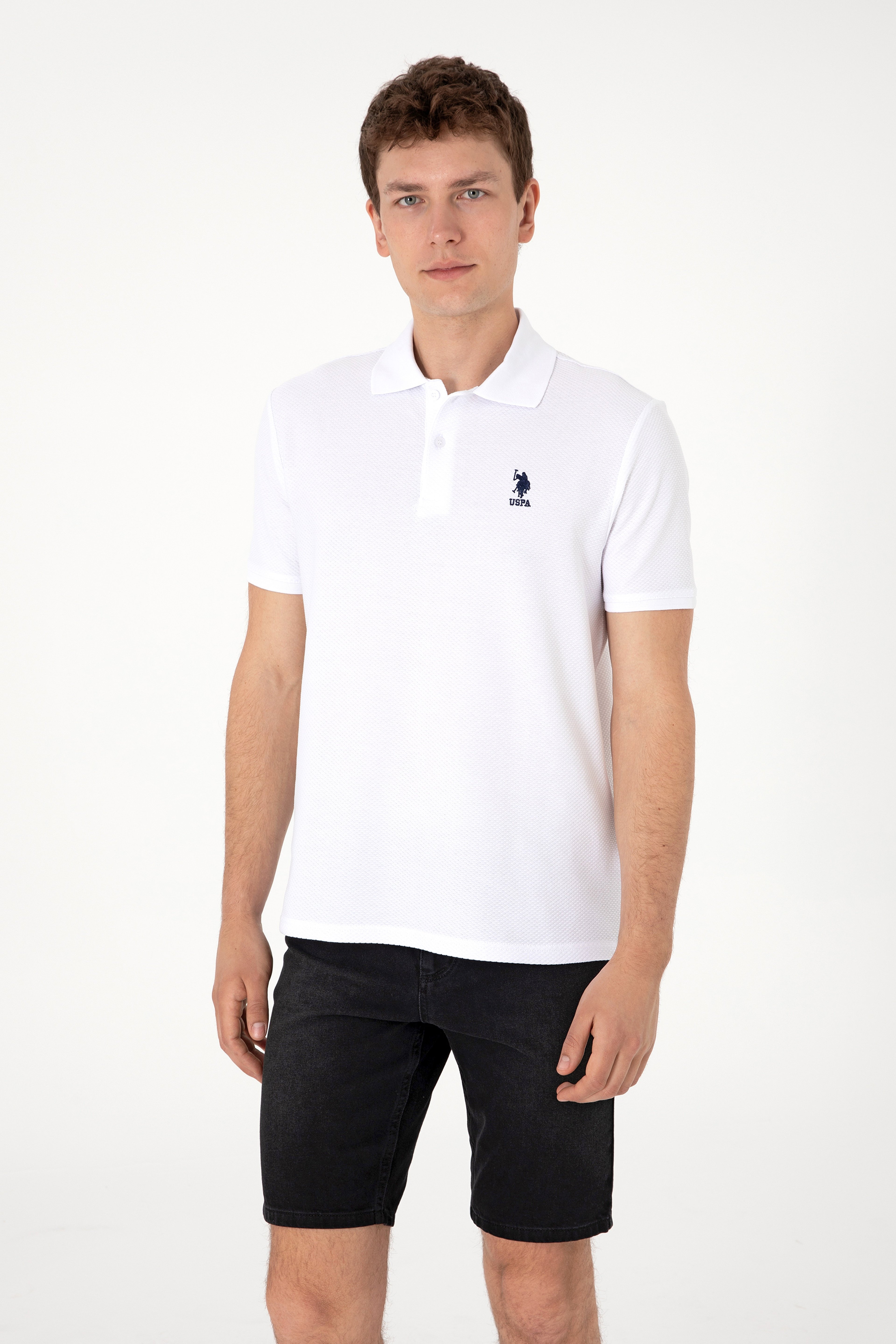 Erkek Regular Fit Polo Yaka Beyaz Dokulu Tişört