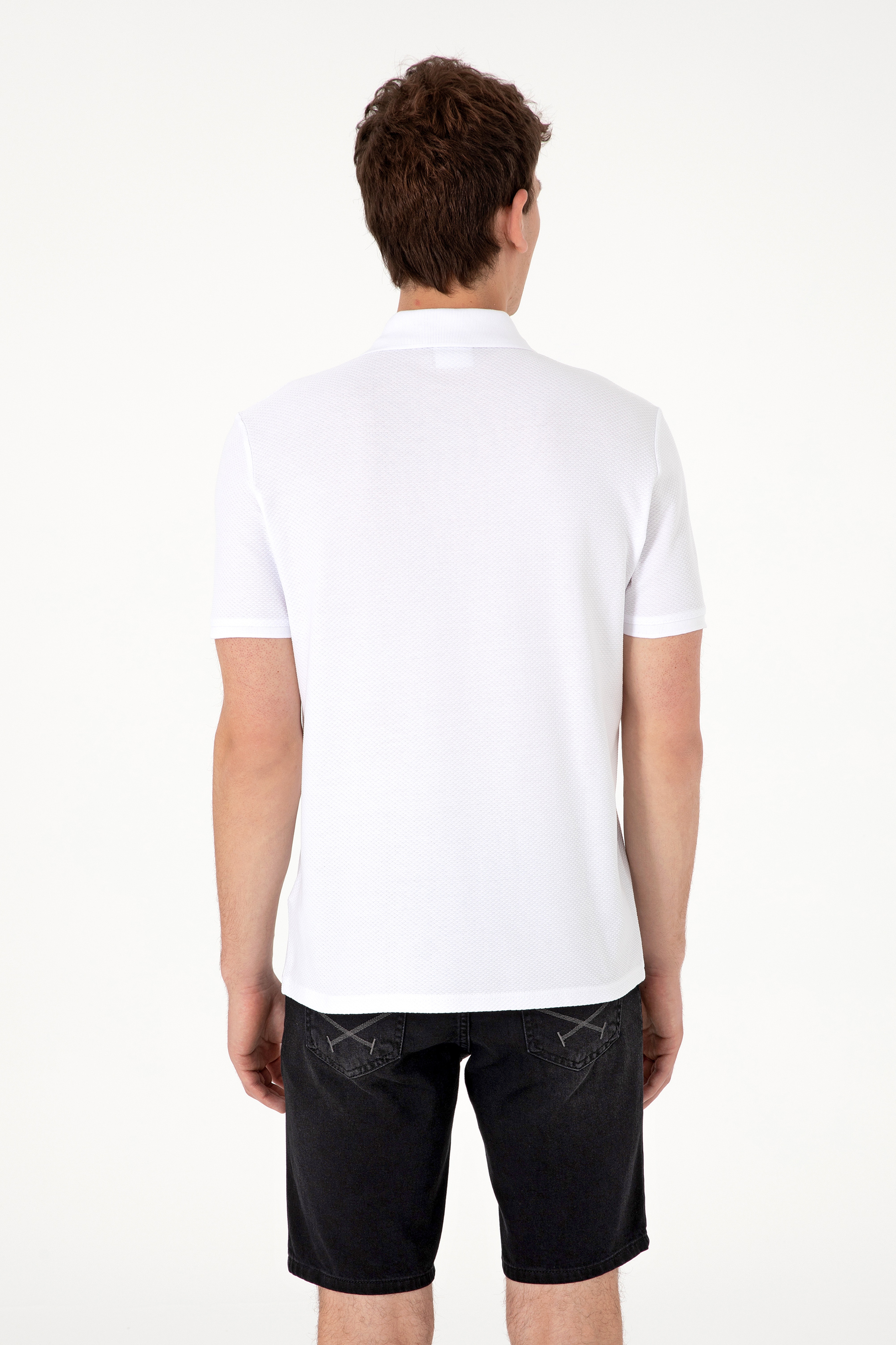 Erkek Regular Fit Polo Yaka Beyaz Dokulu Tişört - Image 5