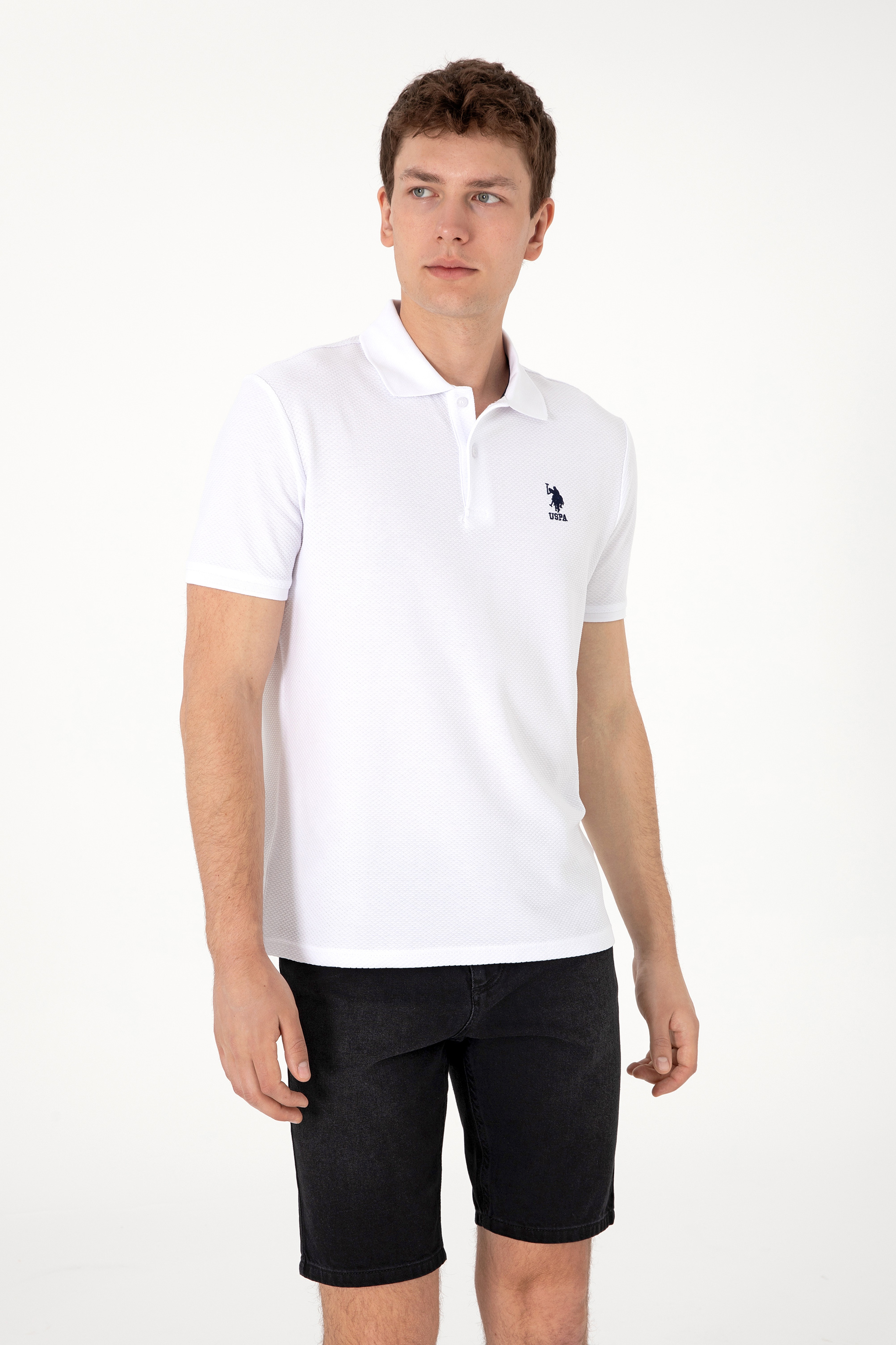 Erkek Regular Fit Polo Yaka Beyaz Dokulu Tişört - Image 3