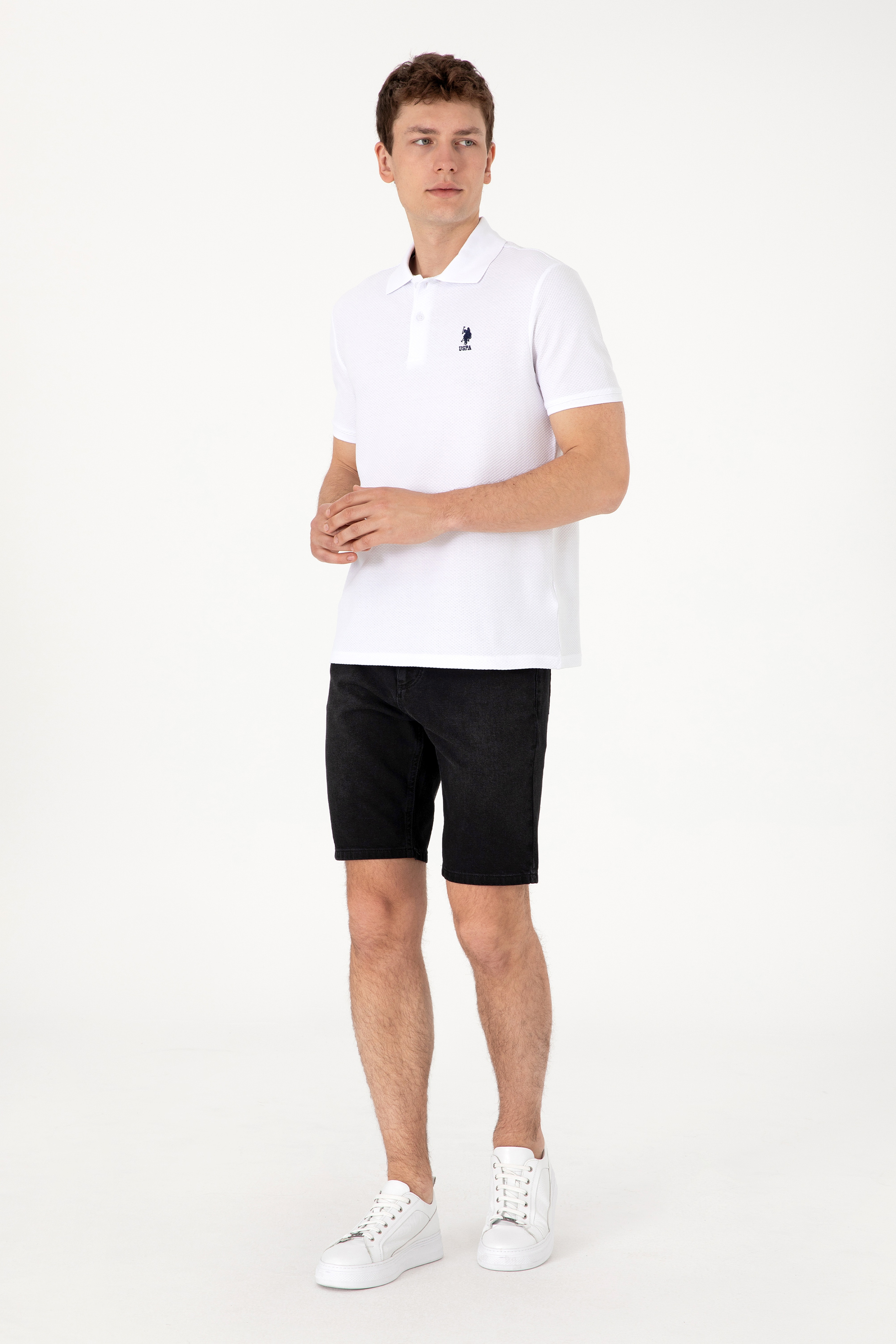 Erkek Regular Fit Polo Yaka Beyaz Dokulu Tişört - Image 4