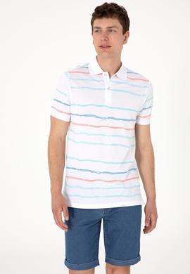 Erkek Regular Fit Polo Yaka Beyaz Çizgili Tişört - 50299642013