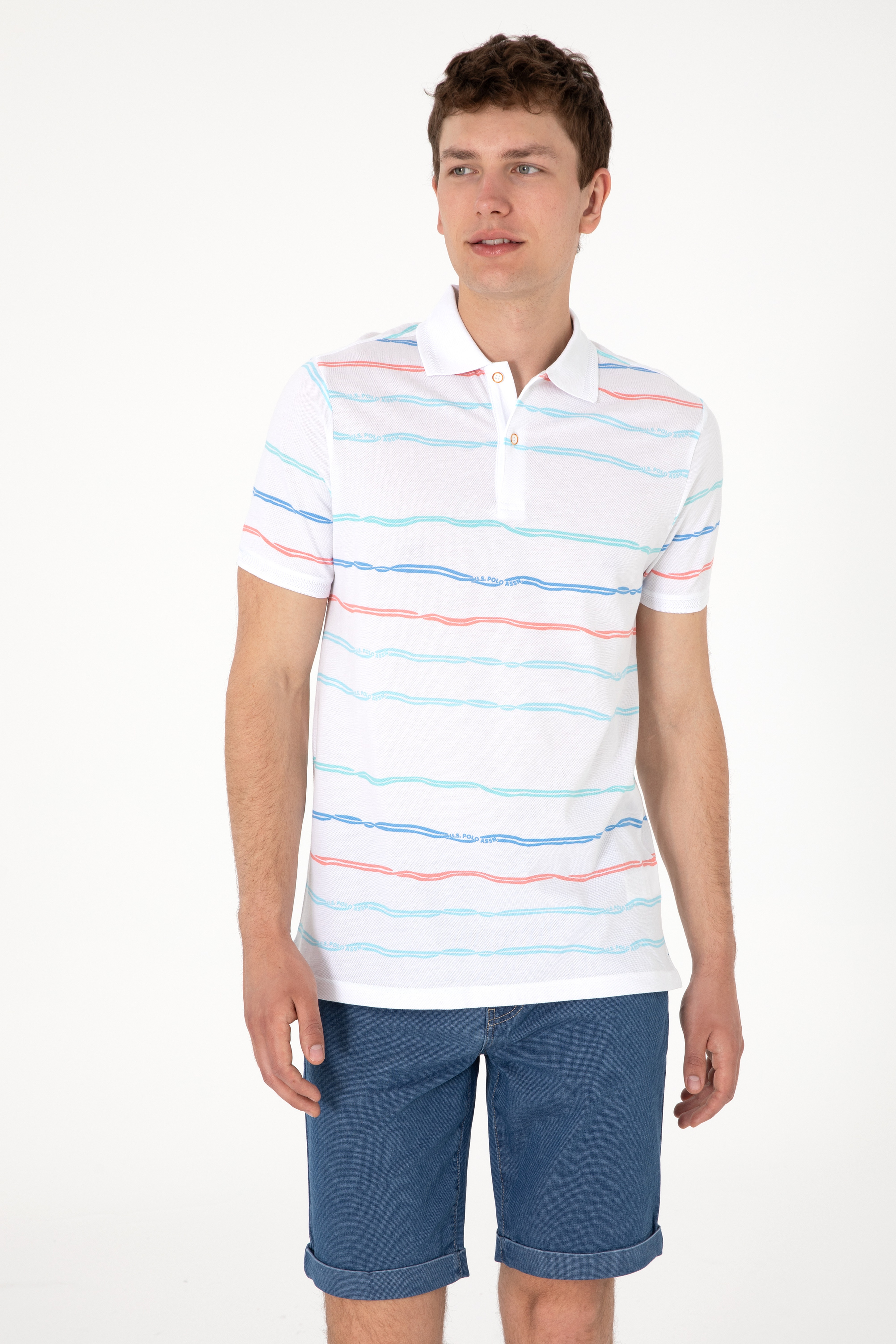 Erkek Regular Fit Polo Yaka Beyaz Çizgili Tişört