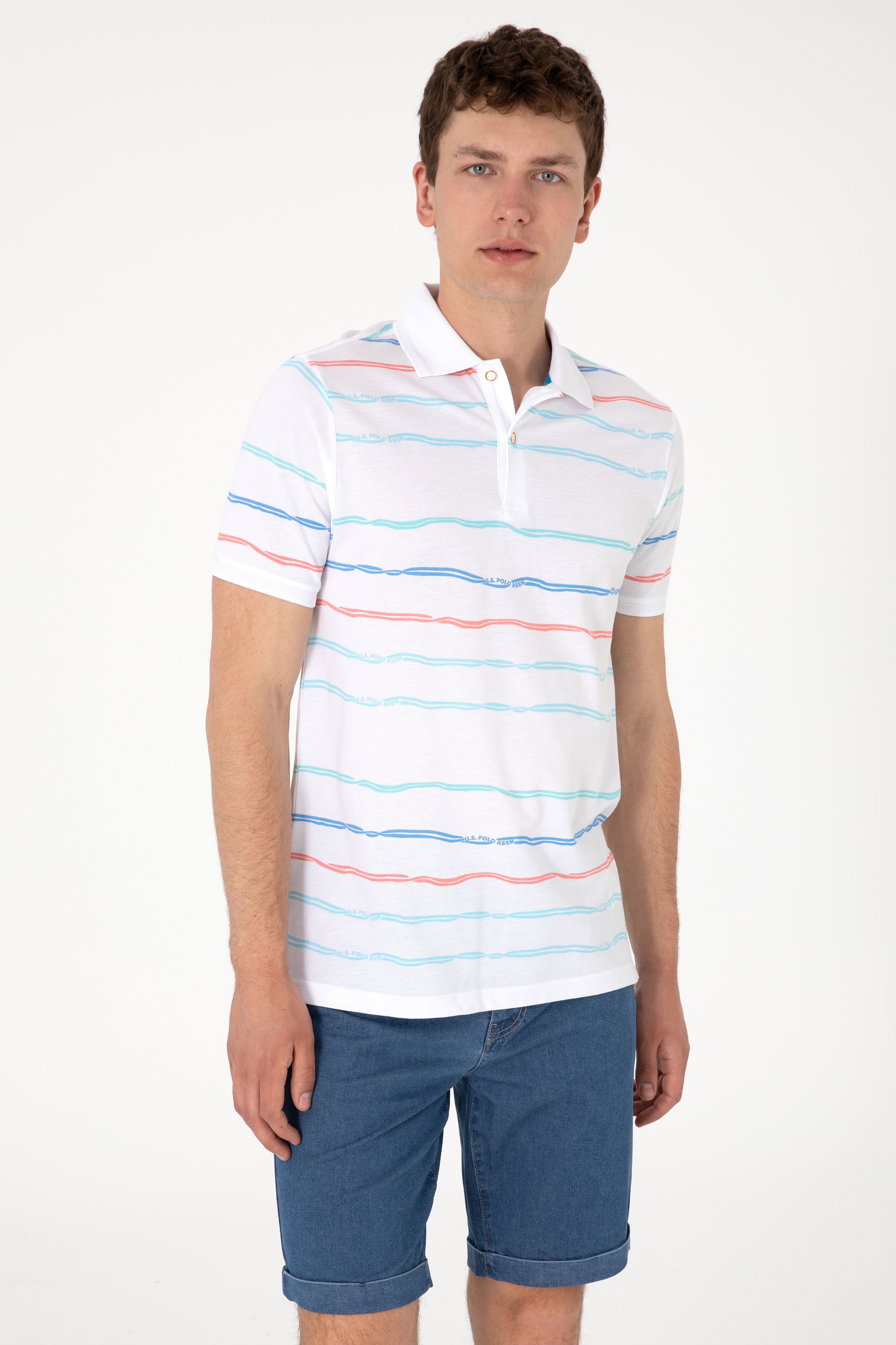 Erkek Regular Fit Polo Yaka Beyaz Çizgili Tişört - Image 3