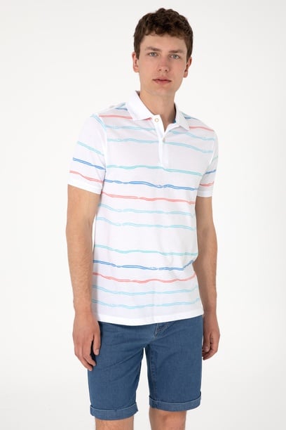 Erkek Regular Fit Polo Yaka Beyaz Çizgili Tişört