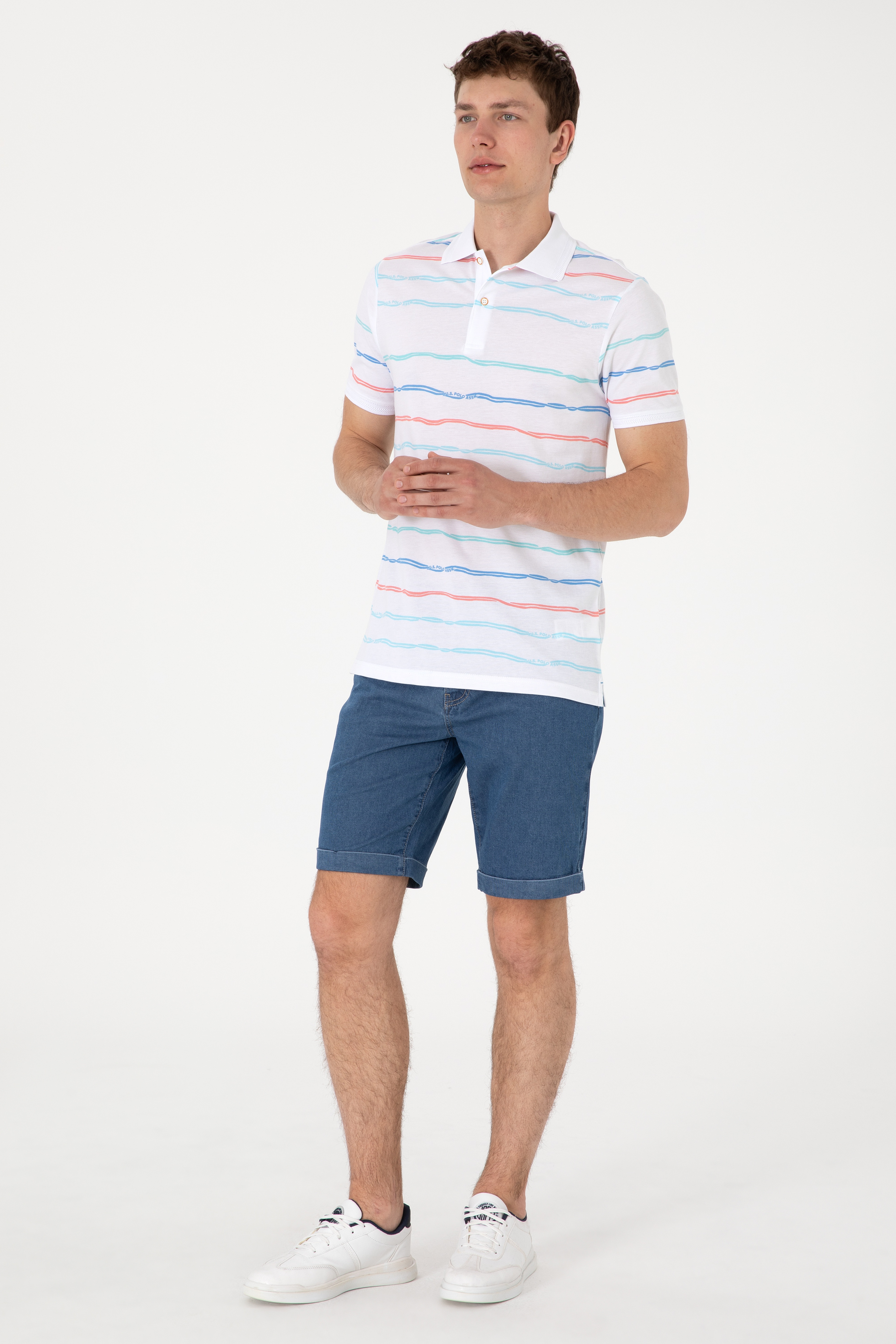 Erkek Regular Fit Polo Yaka Beyaz Çizgili Tişört