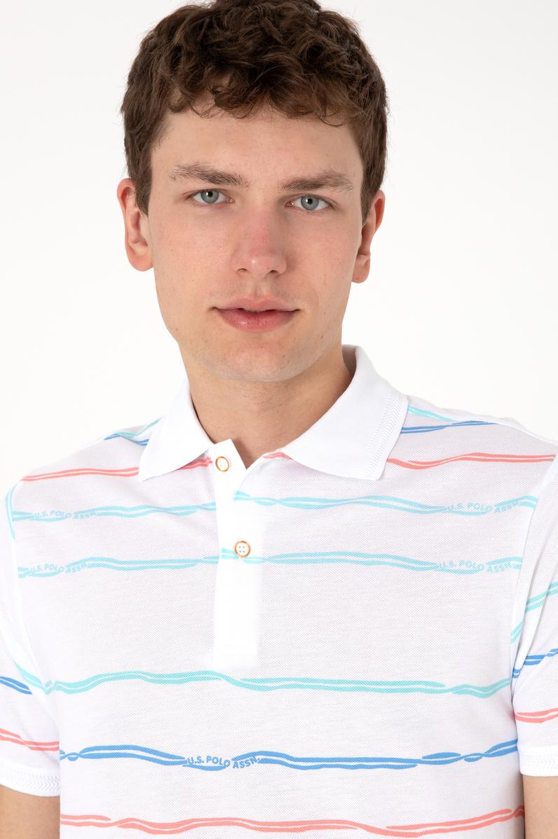 Erkek Regular Fit Polo Yaka Beyaz Çizgili Tişört