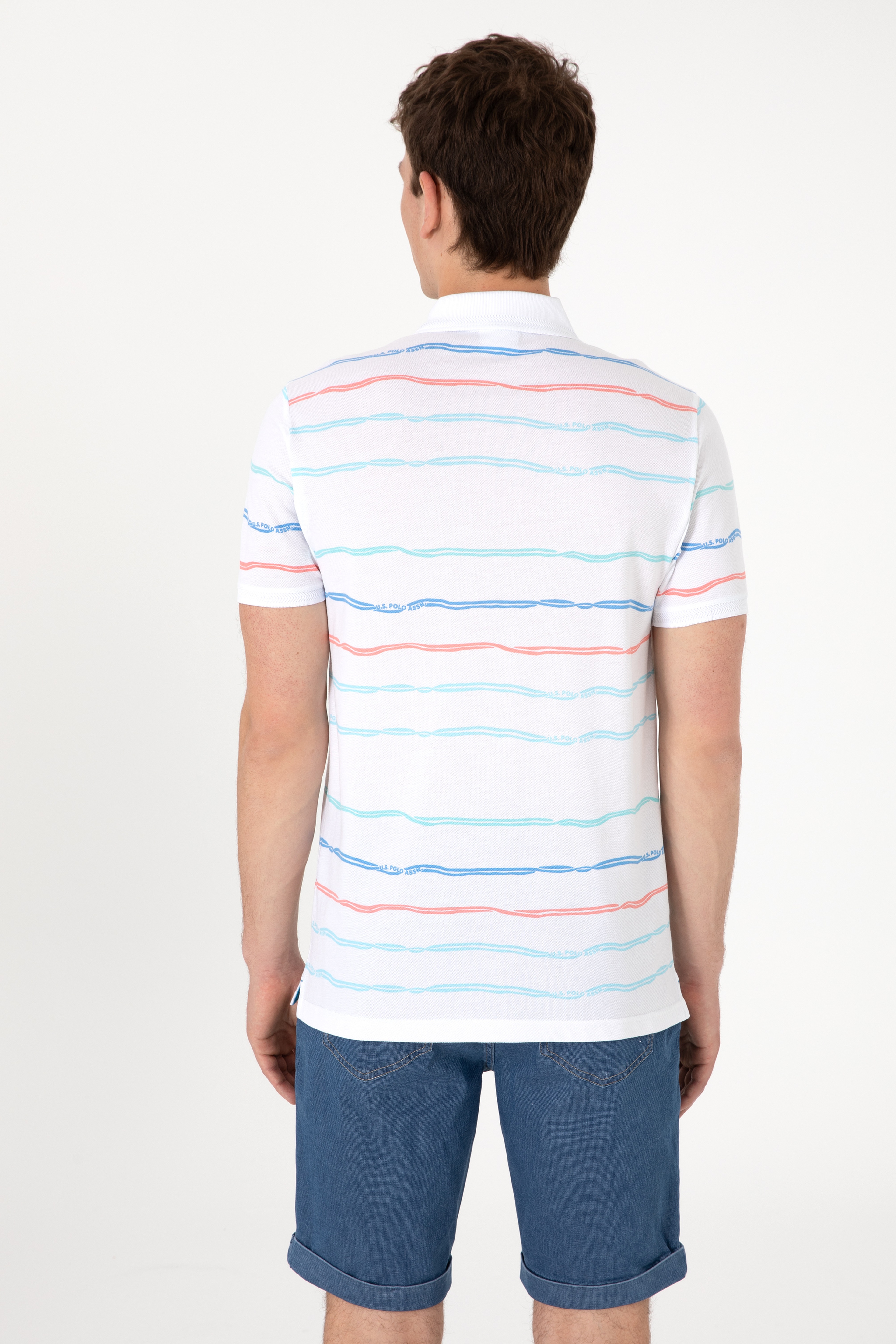 Erkek Regular Fit Polo Yaka Beyaz Çizgili Tişört