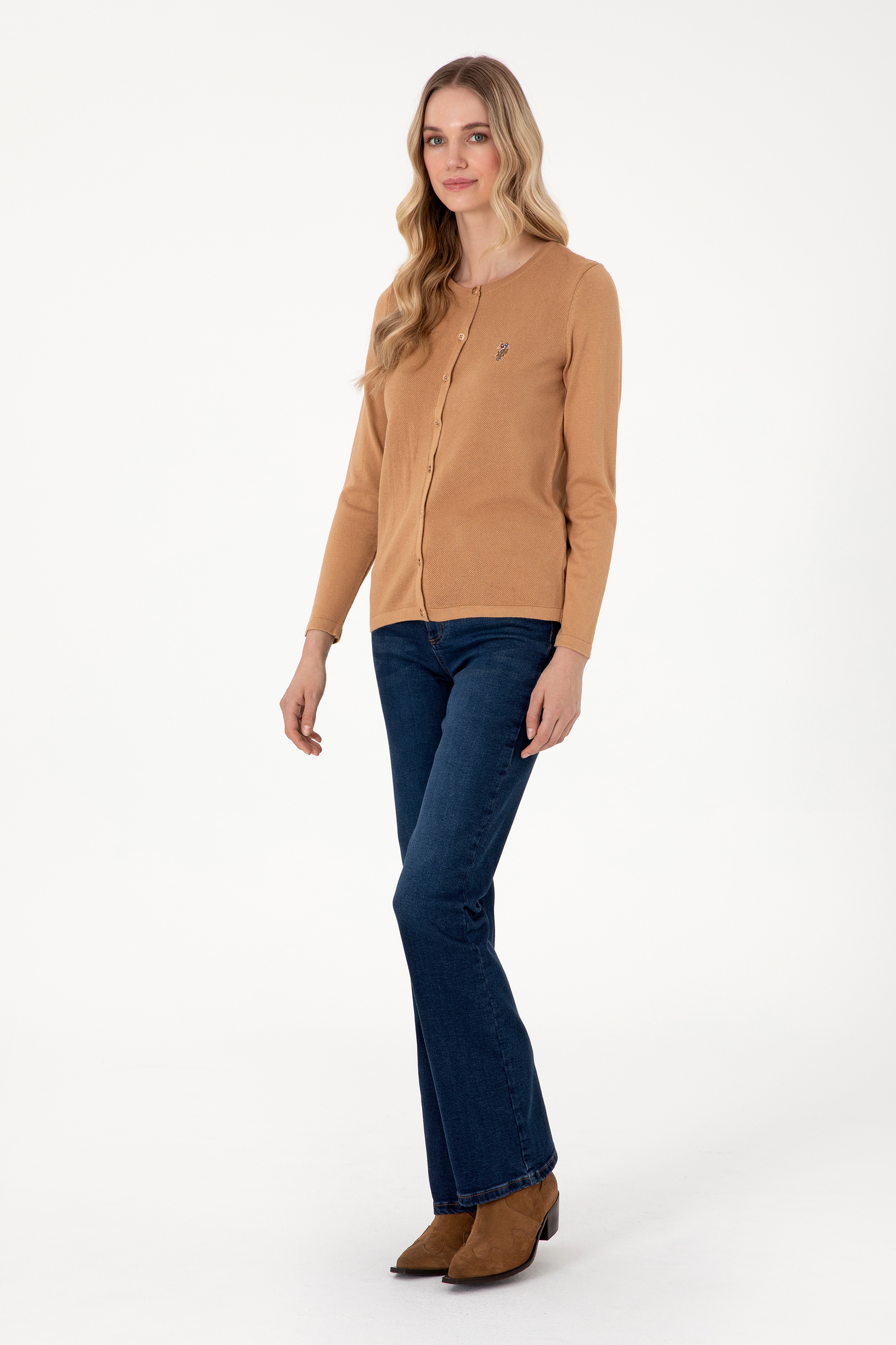 Kadın Camel Melanj Basic Triko Hırka - Image 4