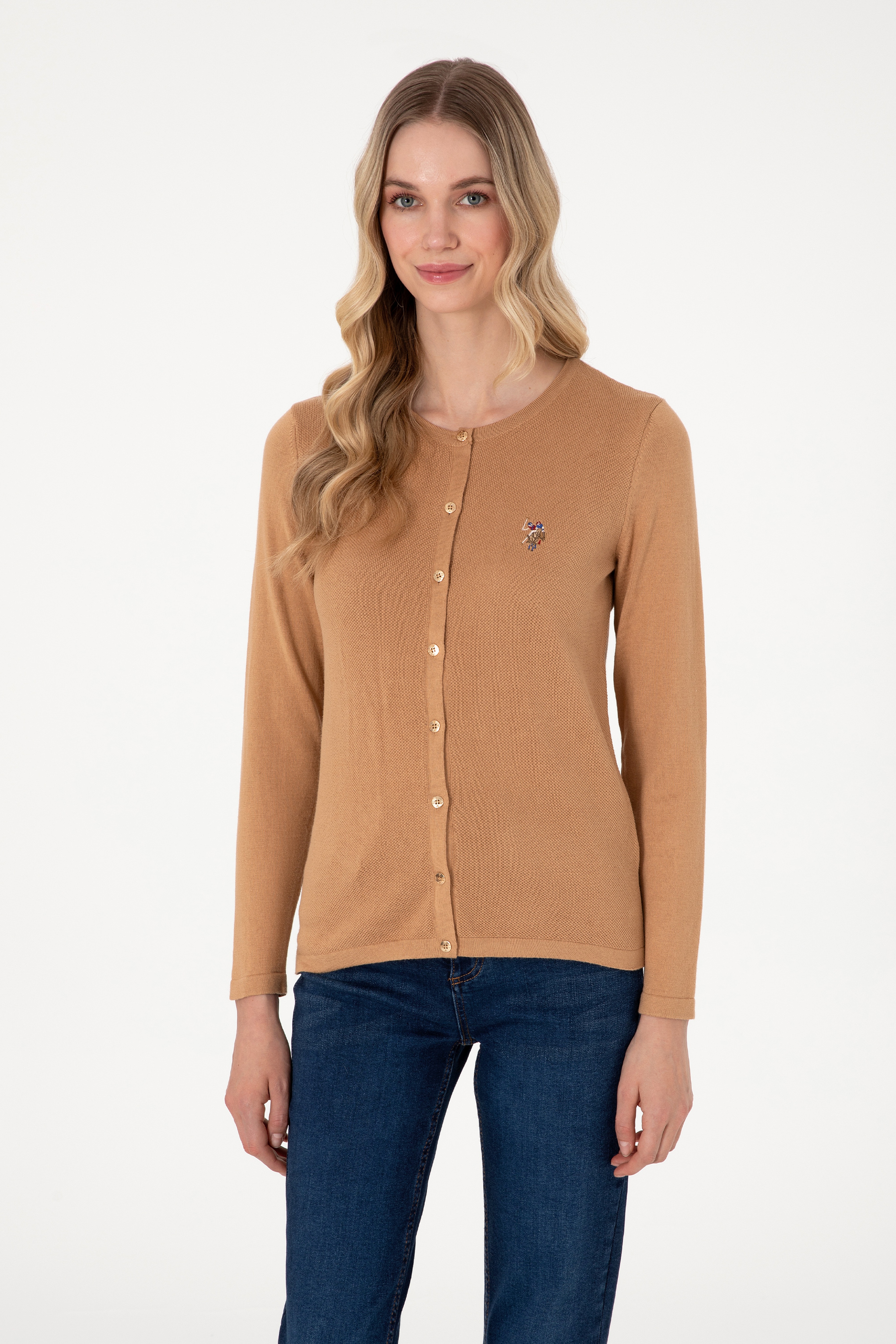 Kadın Camel Melanj Basic Triko Hırka - Image 1