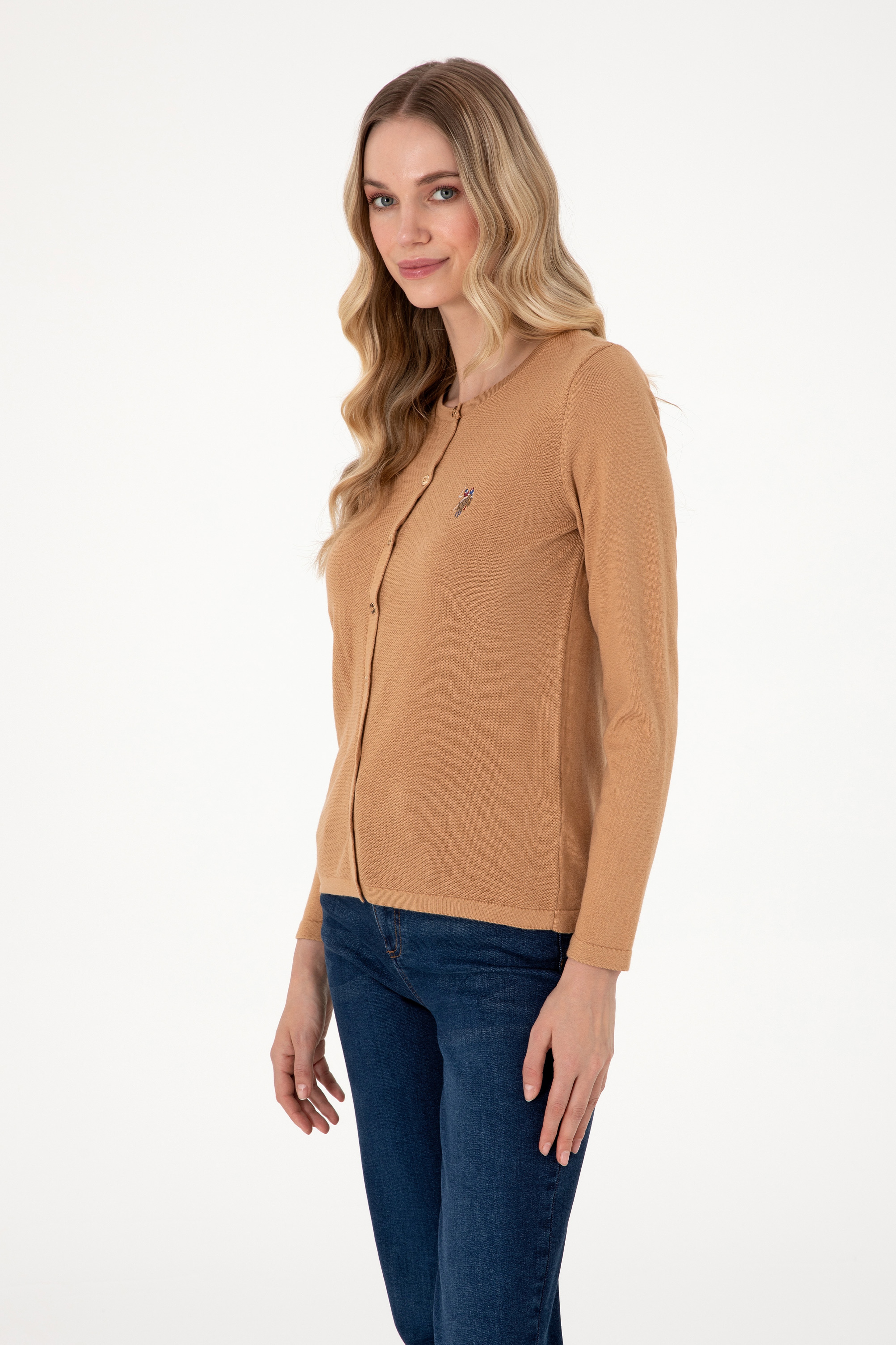 Kadın Camel Melanj Basic Triko Hırka - Image 3