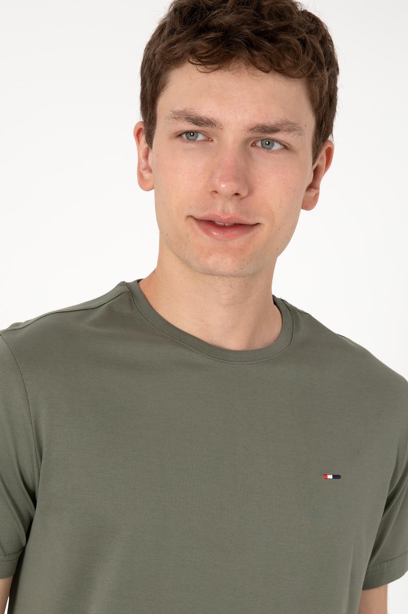 Erkek Regular Fit Bisiklet Yaka Koyu Haki Basic Tişört