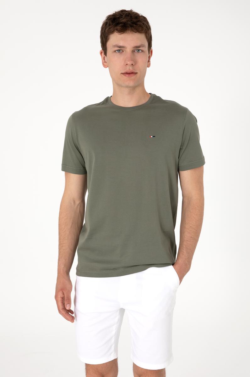 Erkek Regular Fit Bisiklet Yaka Koyu Haki Basic Tişört