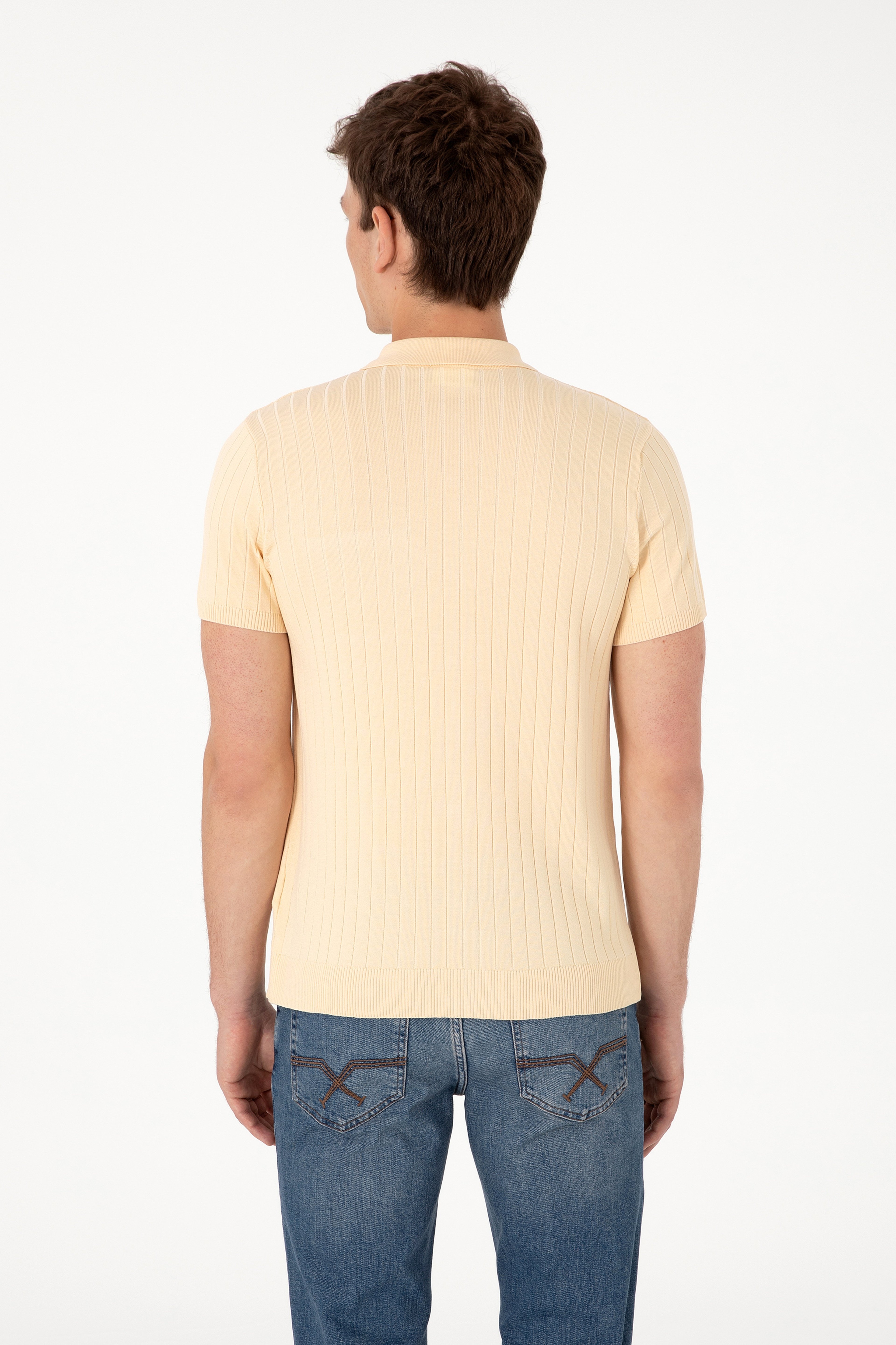 Erkek Slim Fit Bej Düğmeli Triko Tişört - Image 5