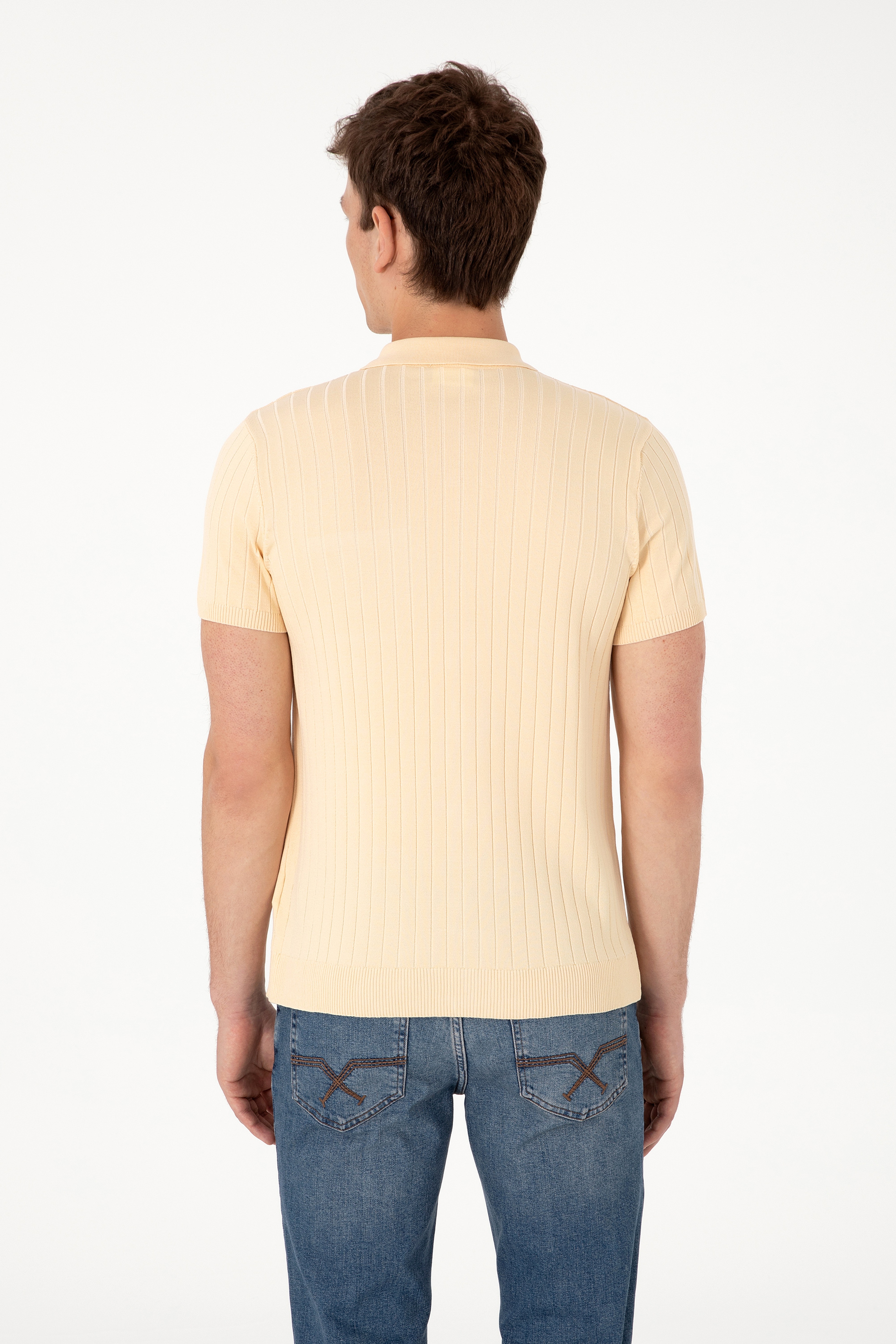 Erkek Slim Fit Bej Düğmeli Triko Tişört