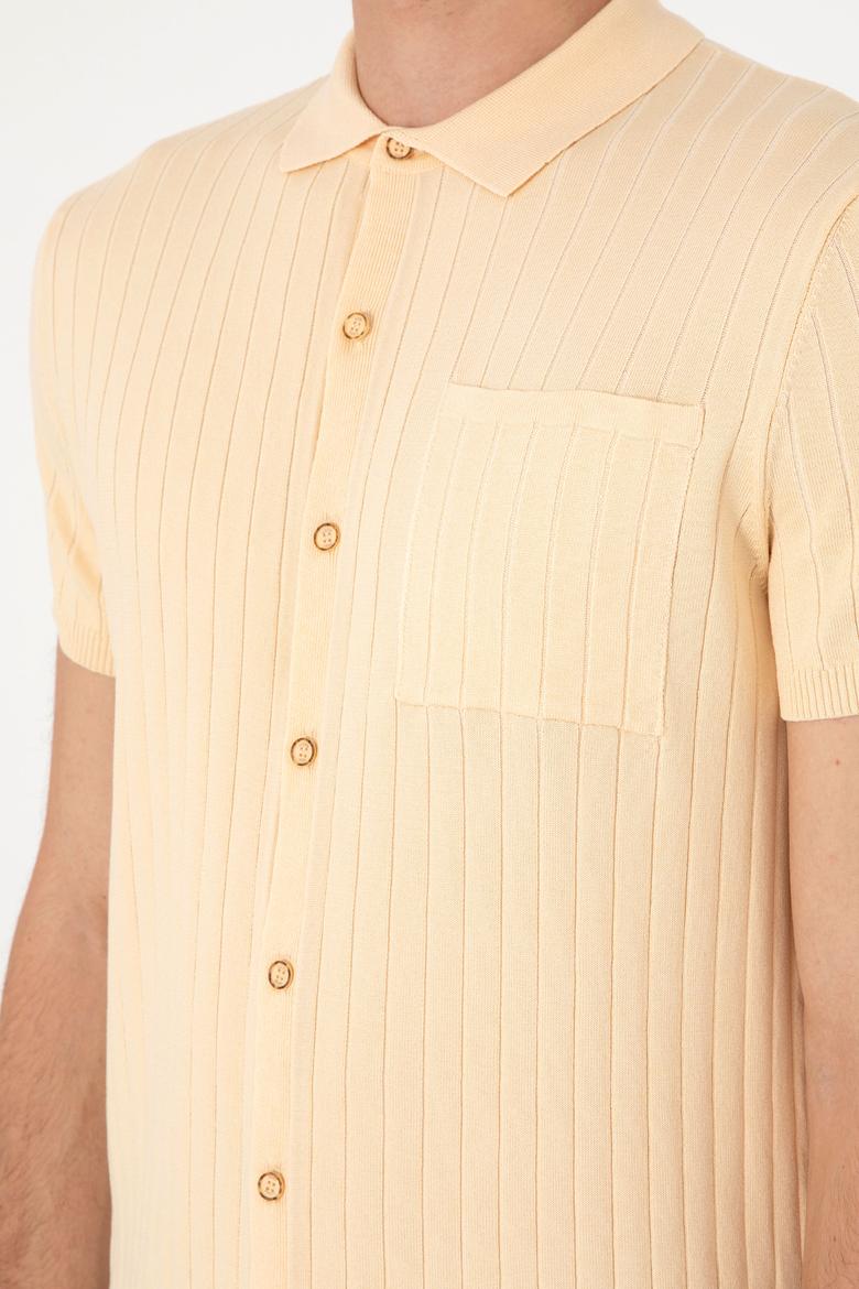Erkek Slim Fit Bej Düğmeli Triko Tişört - 50299360014