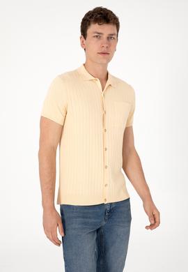 Erkek Slim Fit Bej Düğmeli Triko Tişört - 50299360014