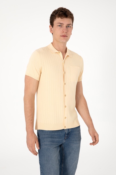 Erkek Slim Fit Bej Düğmeli Triko Tişört