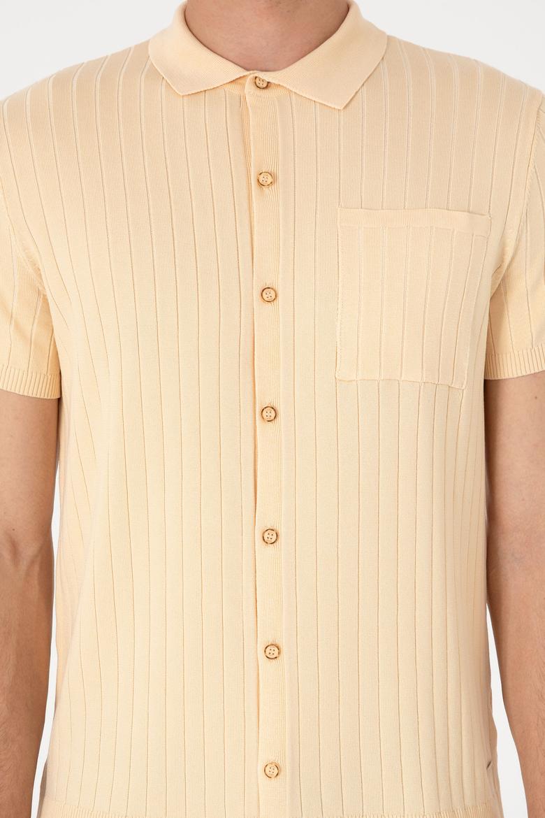 Erkek Slim Fit Bej Düğmeli Triko Tişört - 50299360014