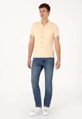 Erkek Slim Fit Bej Düğmeli Triko Tişört - 50299360014