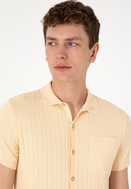 Erkek Slim Fit Bej Düğmeli Triko Tişört - 50299360014