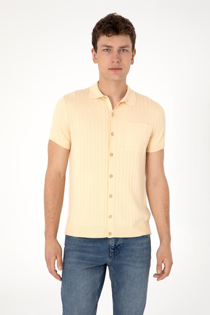 Erkek Slim Fit Bej Düğmeli Triko Tişört