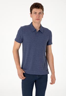 Erkek Regular Fit Kaçık Yaka Açık Lacivert Dokulu Tişört - 50303227014