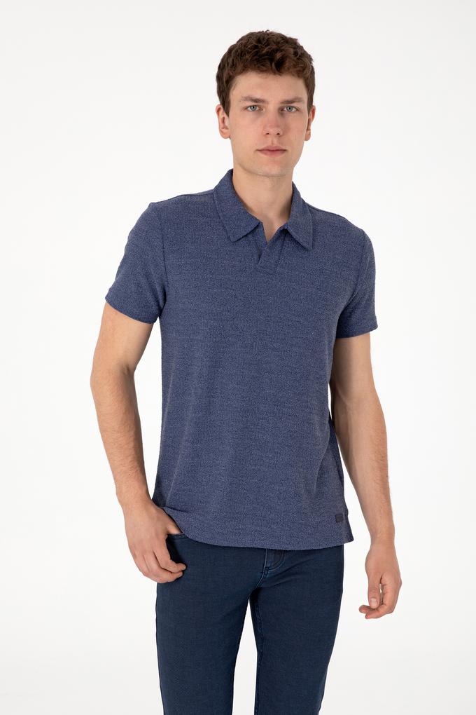 Erkek Regular Fit Kaçık Yaka Açık Lacivert Dokulu Tişört