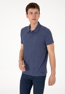 Erkek Regular Fit Kaçık Yaka Açık Lacivert Dokulu Tişört - 50303227014