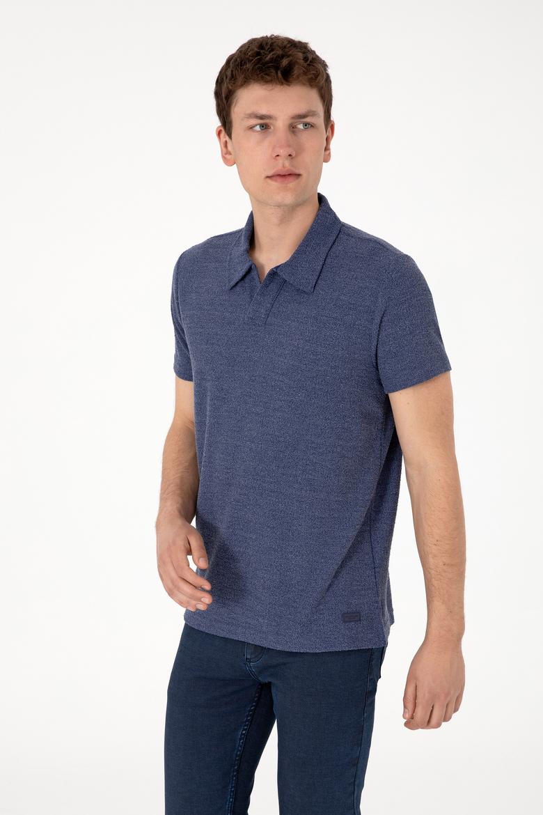 Erkek Regular Fit Kaçık Yaka Açık Lacivert Dokulu Tişört - 50303227014
