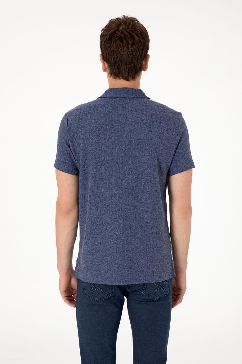 Erkek Regular Fit Kaçık Yaka Açık Lacivert Dokulu Tişört - 50303227014