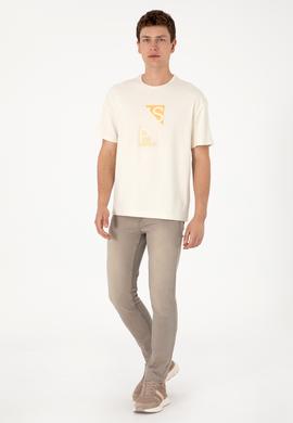 Erkek Comfort Fit Krem Bisiklet Yaka Tişört - 50299882027