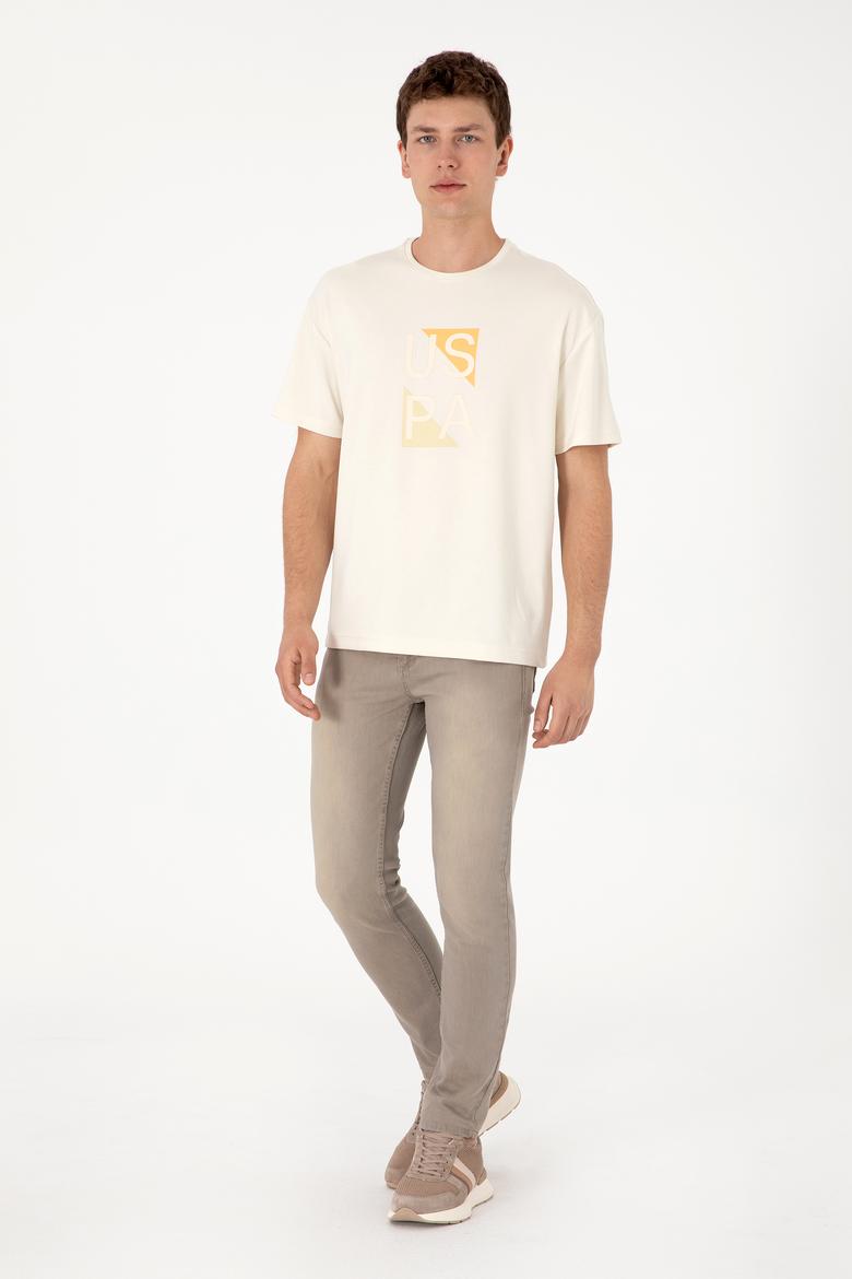 Erkek Comfort Fit Krem Bisiklet Yaka Tişört - 50299882027