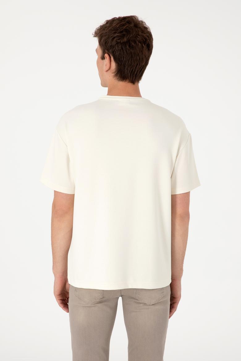 Erkek Comfort Fit Krem Bisiklet Yaka Tişört - 50299882027